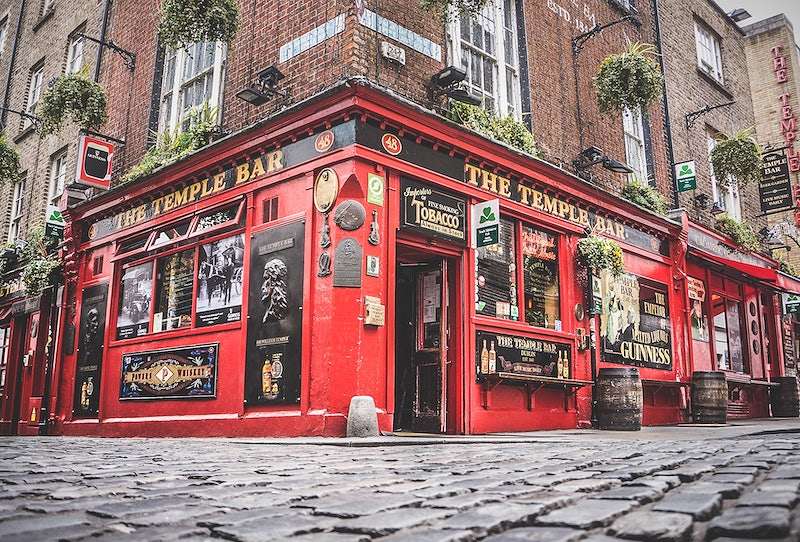 Corner view of the famous Irish pub The Temple Bar in the center of the Irish capital Dublin